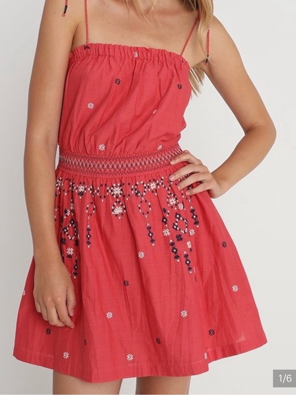 Abercrombie & Fitch Coral Red Embroidered Spaghetti-Strap Dress